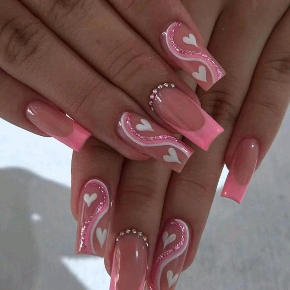 24Pcs Square Pink French Tip Press-On Nails Heart Stripes Rhinestone Set sh